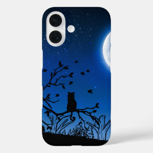 Zwarte kat in boom silhouet bij maanlicht iPhone 16 hoesje