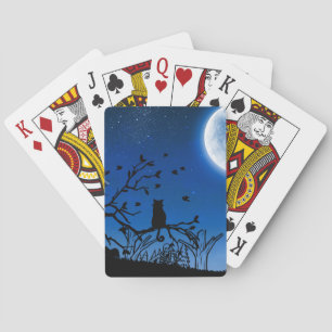 Zwarte kat in boom silhouet bij maanlicht pokerkaarten