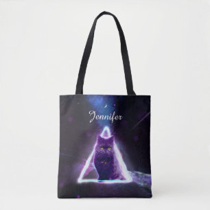 Zwarte kat in de blauwe neonhipsterdriehoek tote bag