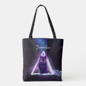 Zwarte kat in de blauwe neonhipsterdriehoek tote bag (Achterkant)