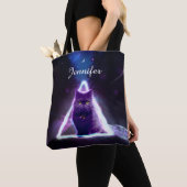 Zwarte kat in de blauwe neonhipsterdriehoek tote bag (Dichtbij)
