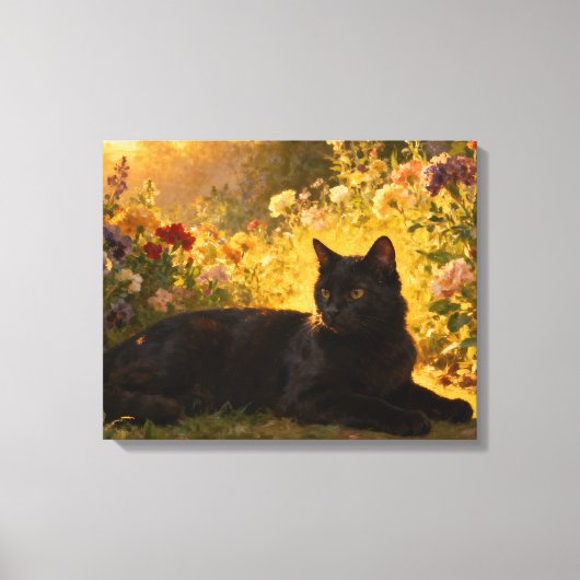 Zwarte Kat in de Bloemen I Canvas Afdruk (Voorkant)