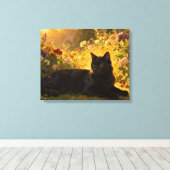 Zwarte Kat in de Bloemen I Canvas Afdruk (Insitu (Houten vloer))