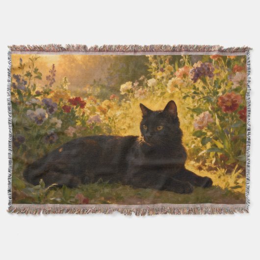 Zwarte Kat in de Bloemen I Deken (Voorkant)