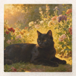 Zwarte Kat in de Bloemen I Glazen Onderzetter