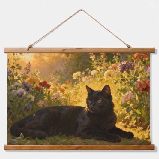 Zwarte Kat in de Bloemen I Hangend Wandkleed (Voorkant)