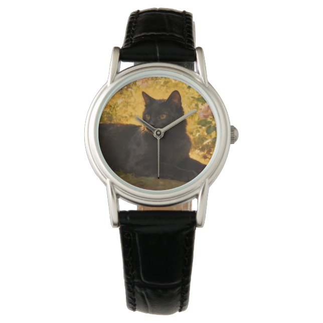 Zwarte Kat in de Bloemen I Horloge (Voorkant)