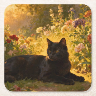 Zwarte Kat in de Bloemen I Kartonnen Onderzetters