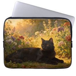 Zwarte Kat in de Bloemen I Laptop Sleeve