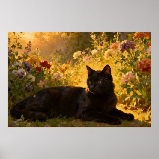 Zwarte Kat in de Bloemen I Poster (Voorkant)