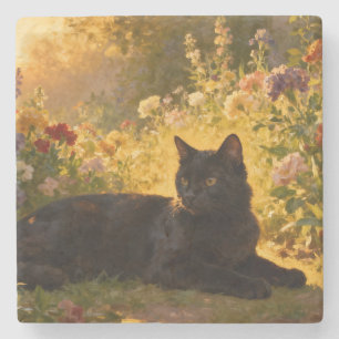 Zwarte Kat in de Bloemen I Stenen Onderzetter