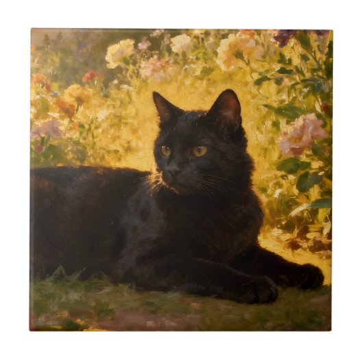 Zwarte Kat in de Bloemen I Tegeltje (Voorkant)