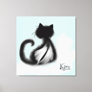 Zwarte kat in de hemel gestrekt canvas afdruk
