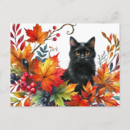 Zwarte kat in de herfst kleurrijke bladeren Briefk Briefkaart