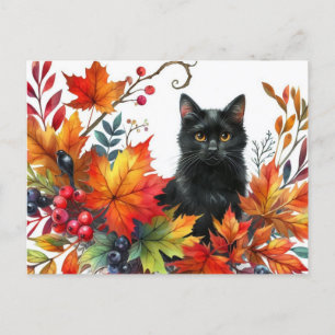 Zwarte kat in de herfst kleurrijke bladeren Briefk Briefkaart