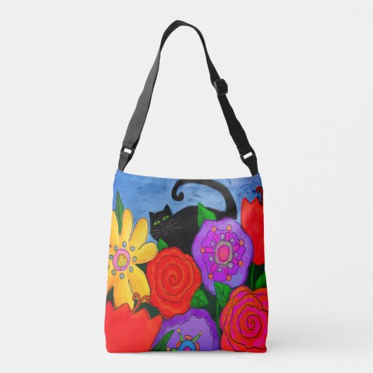 Zwarte kat in de tuin Abstracte kunst Crossbody Tas (Achterkant)