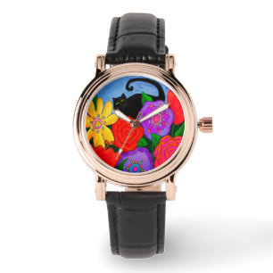 Zwarte kat in de tuin Abstracte kunst Horloge