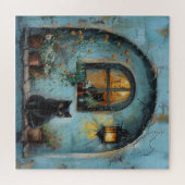 Zwarte Kat in een Blauwe Alcove Legpuzzel (Horizontaal)