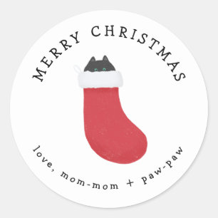 Zwarte kat in een cadeausticker ronde sticker