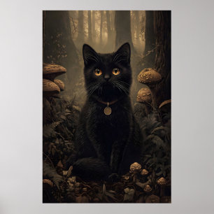 Zwarte kat in een donker herfstbos met paddenstoel poster