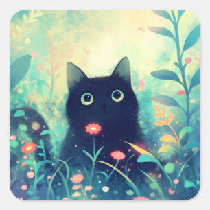 Zwarte Kat in een Dromerig Lichtwoud Vierkante Sticker