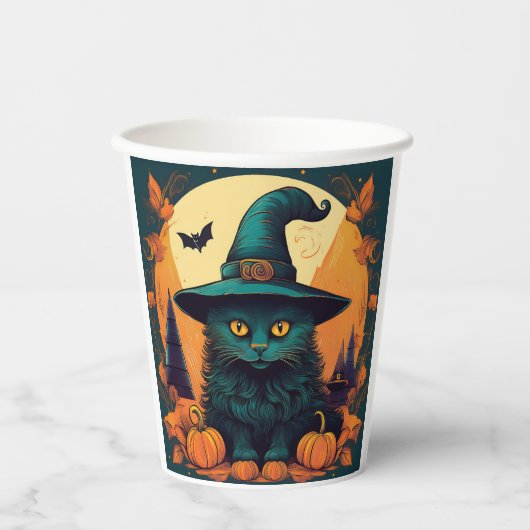 Zwarte kat in een heks Pet Papieren Bekers (Voorkant)