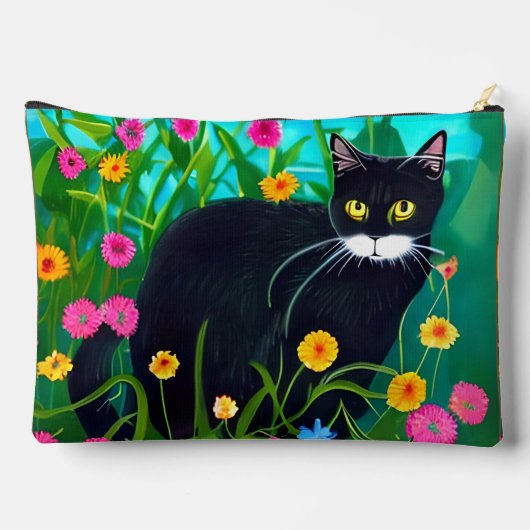 Zwarte kat in een kleurrijke bloementuin etui (Achterkant)