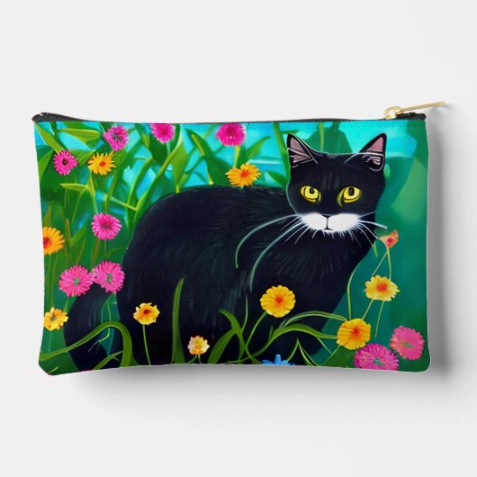 Zwarte kat in een kleurrijke bloementuin etui (Achterkant)