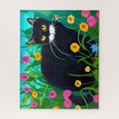 Zwarte kat in een kleurrijke bloementuin legpuzzel (Verticaal)