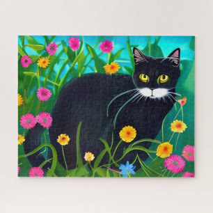 Zwarte Kat in een Kleurrijke Bloementuin Legpuzzel