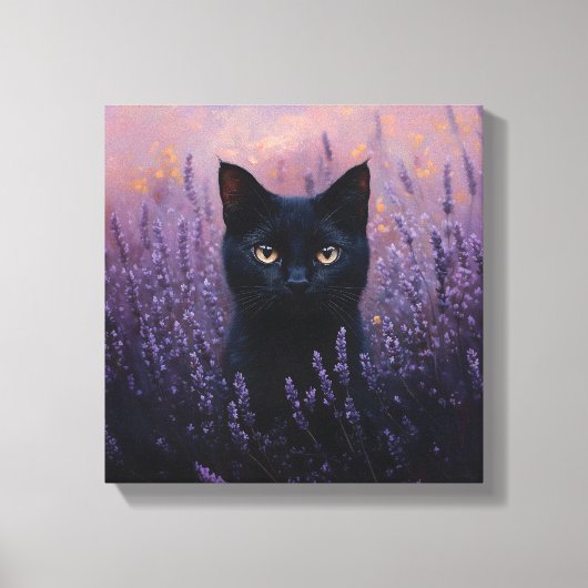 Zwarte kat in een lavendelveld illustratie canvas afdruk (Voorkant)