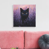 Zwarte kat in een lavendelveld illustratie canvas afdruk (Insitu (Woonkamer))