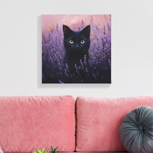 Zwarte kat in een lavendelveld illustratie canvas afdruk (Insitu (Woonkamer))