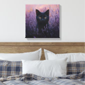 Zwarte kat in een lavendelveld illustratie canvas afdruk (Insitu (Slaapkamer))