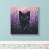 Zwarte kat in een lavendelveld illustratie canvas afdruk (Insitu (Houten vloer))
