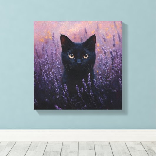 Zwarte kat in een lavendelveld illustratie canvas afdruk (Insitu (Houten vloer))