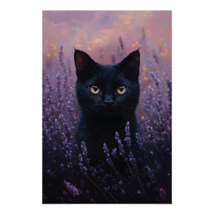 Zwarte kat in een lavendelveld illustratie perfect poster