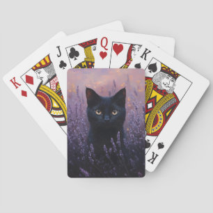 Zwarte kat in een lavendelveld illustratie pokerkaarten