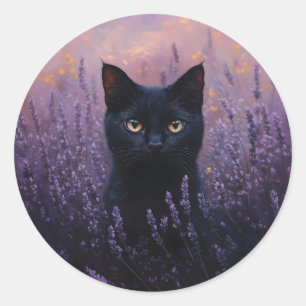 Zwarte kat in een lavendelveld illustratie ronde sticker