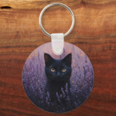 Zwarte kat in een lavendelveld illustratie sleutelhanger (Achterkant)