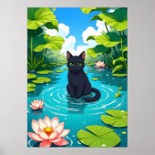 Zwarte kat in een lelievijver poster (Voorkant)