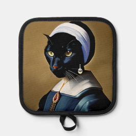 Zwarte Kat in een Parel Oorbel Schilderij Pannenlap