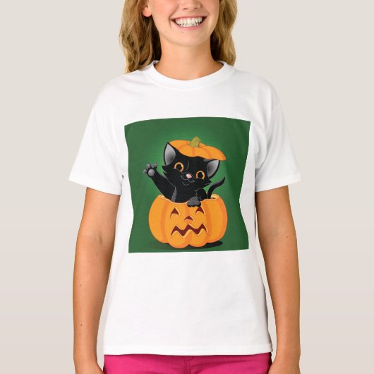 Zwarte kat in een pompoen meisjes T-shirt (Voorkant)