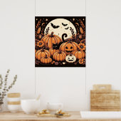 Zwarte kat in een pompoen patch poster (Keuken)