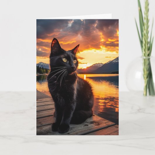 Zwarte kat in een prachtige zonsondergang Wenskaar Feestdagen Kaart (Voorkant)