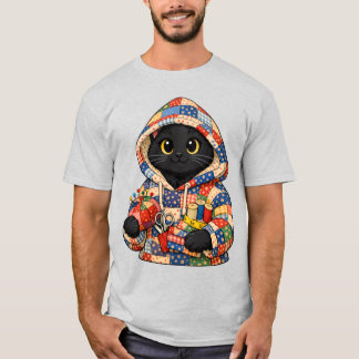 Zwarte kat in een quilt hoodie T-shirt