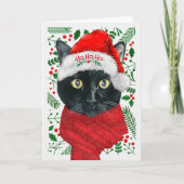 Zwarte kat in een Santa Hat Meowy Kerstmis Feestdagen Kaart (Voorkant)