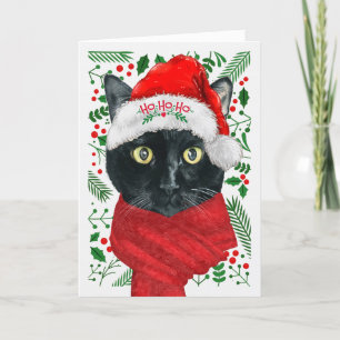 Zwarte kat in een Santa Hat Meowy Kerstmis Feestdagen Kaart
