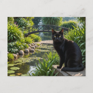 Zwarte kat in een tuin briefkaart
