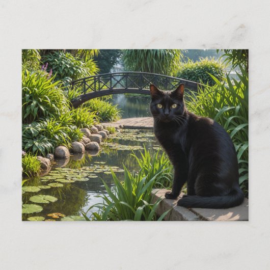 Zwarte kat in een tuin briefkaart (Voorkant)